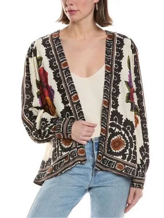 FARM Rio Sweaters - Farm Rio Floral Ivory and Black Multi Open-Front Cardigan